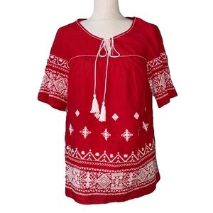 Sophie Max red embroidered tassel tie front blouse